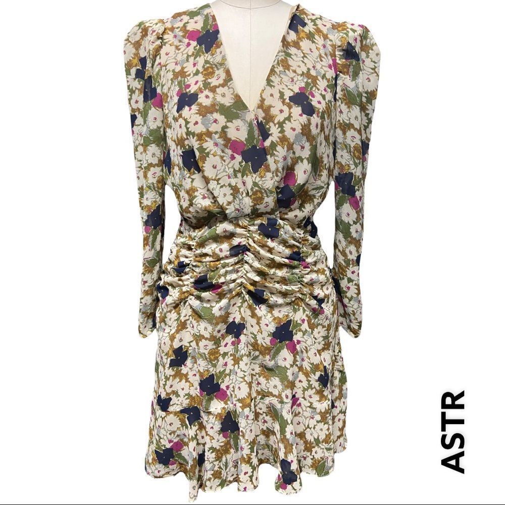 ASTR long sleeve roughed flirty mini gold navy purple mini dress + size S